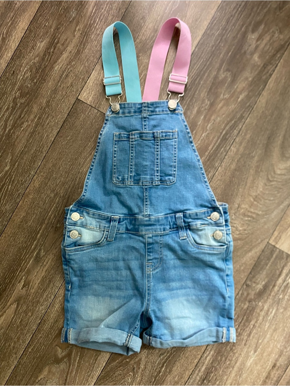 BUNDLE OF 2 Kids Denim Short Overalls with Pink and Teal Straps